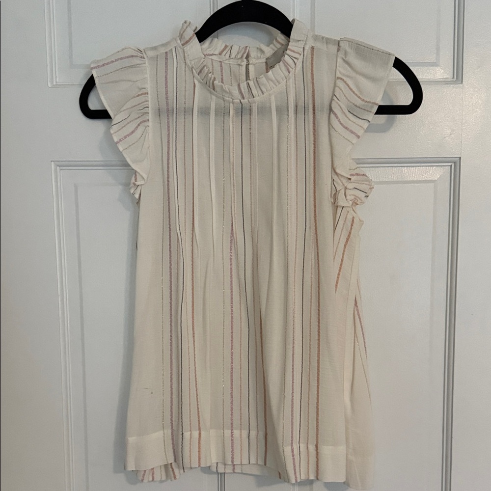 LOFT Cream and Pink Striped Ruffle Blouse